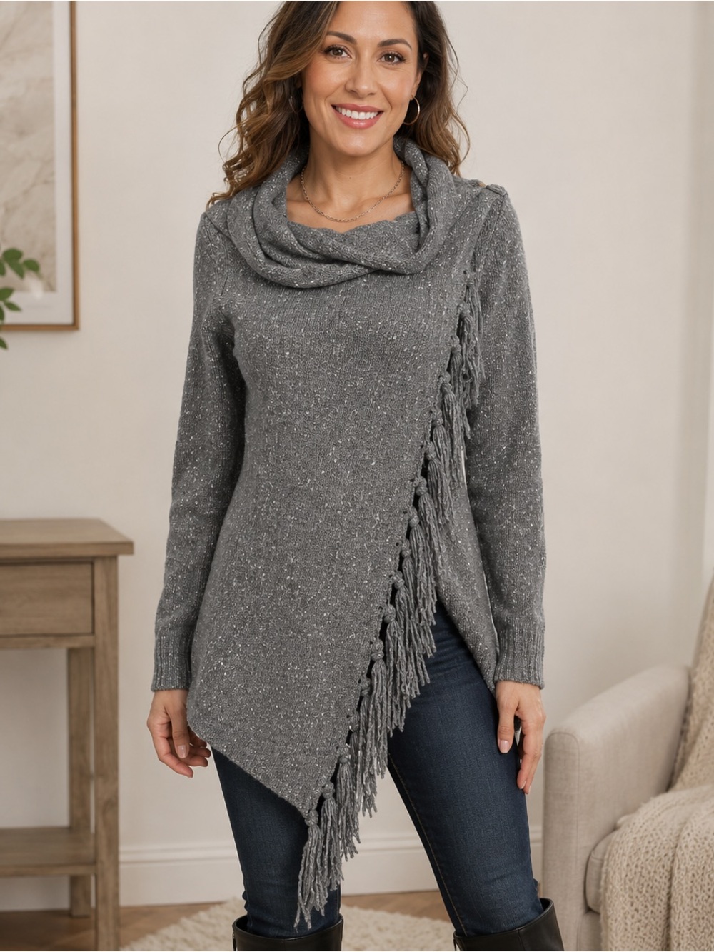 Gray Wool Blend Asymmetrical Cowl Neck Fringe Wrap Sweater Women’s M